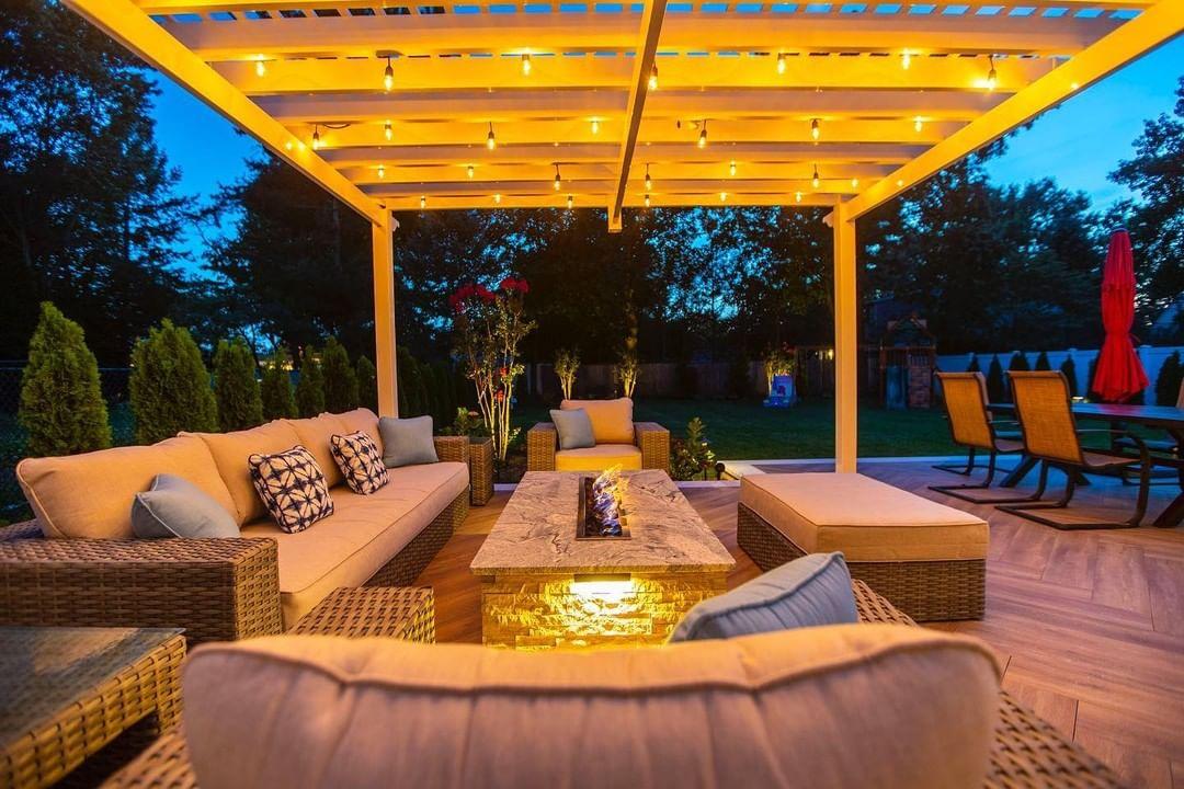 gas fire pit under covered patio